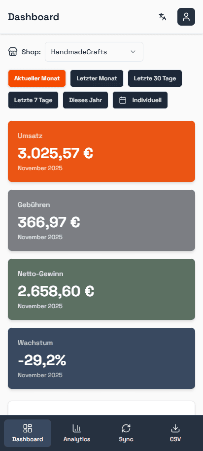 SyncFuchs Etsy-Buchhaltung Dashboard auf dem Smartphone – Verkaufsübersicht und Sync-Status